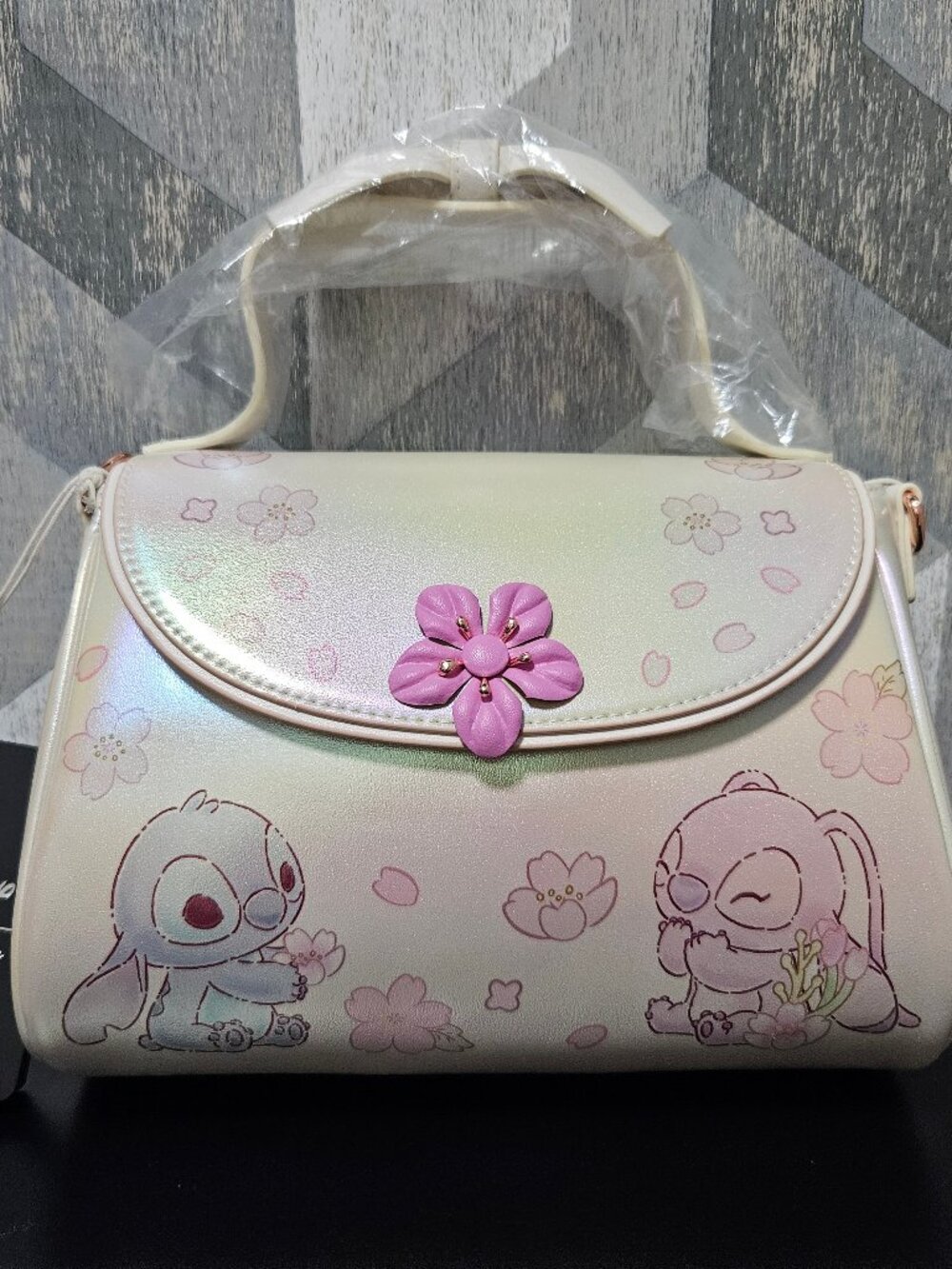 NWT Loungefly Disney Stitch Angel Cherry Blossom Iridescent Crossbody Bag